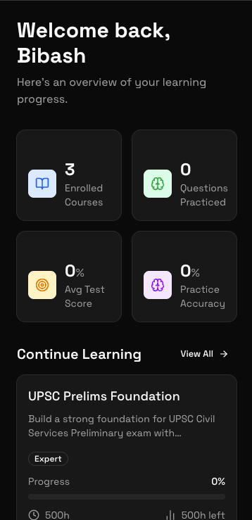 PrepMode dashboard showing course progress and test scores